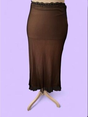 Y2K Whimsigoth Sheer Mesh Midi Skirt • London Rose • Lace Trim • Layered Slip